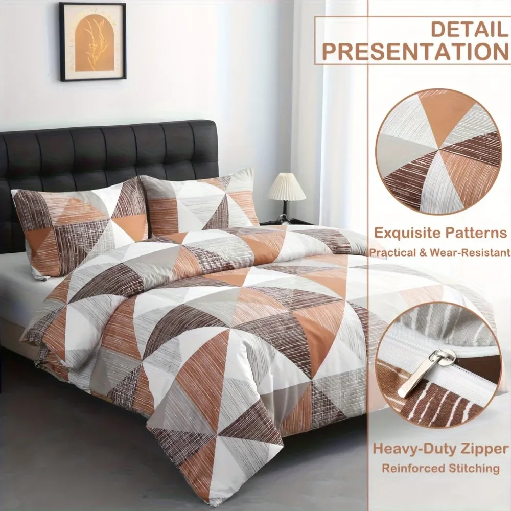 3pcs Geometric Duvet Cover Set - Patchwork, Zipper Closure, Ultra-Soft Breathable Quilt Cover with Pillowcases Machine Washable