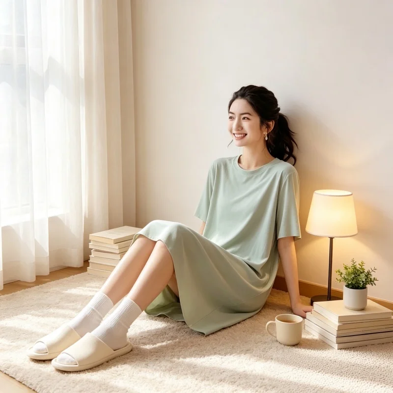 Soft Breathable Smooth Fabric Nightgown Women Round Neck Short Sleeve Loose Midi Solid Color Ladies Home Sleeping Dress