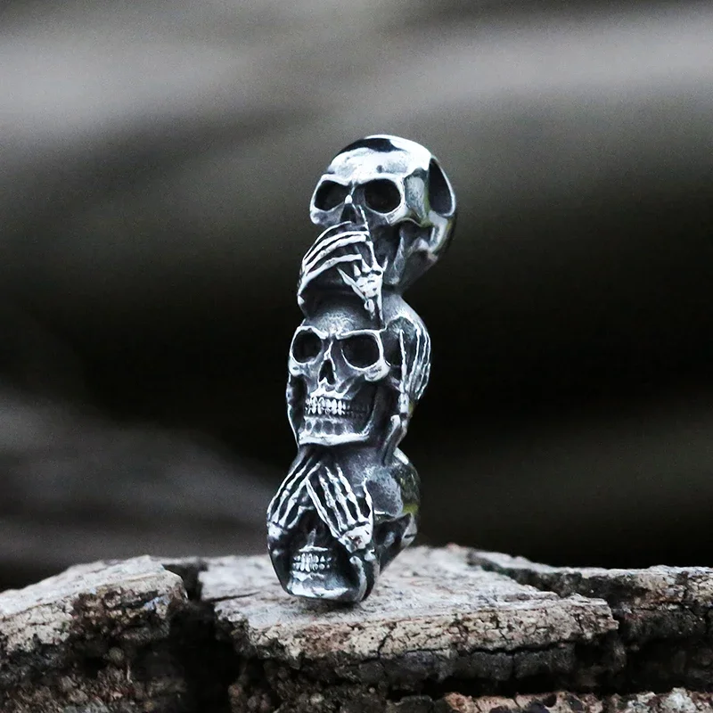 Vintage Punk Rock Evil Skull Trio Statue No See No Hear No Speak No Skeletons Skull Stainless Steel For Man V004