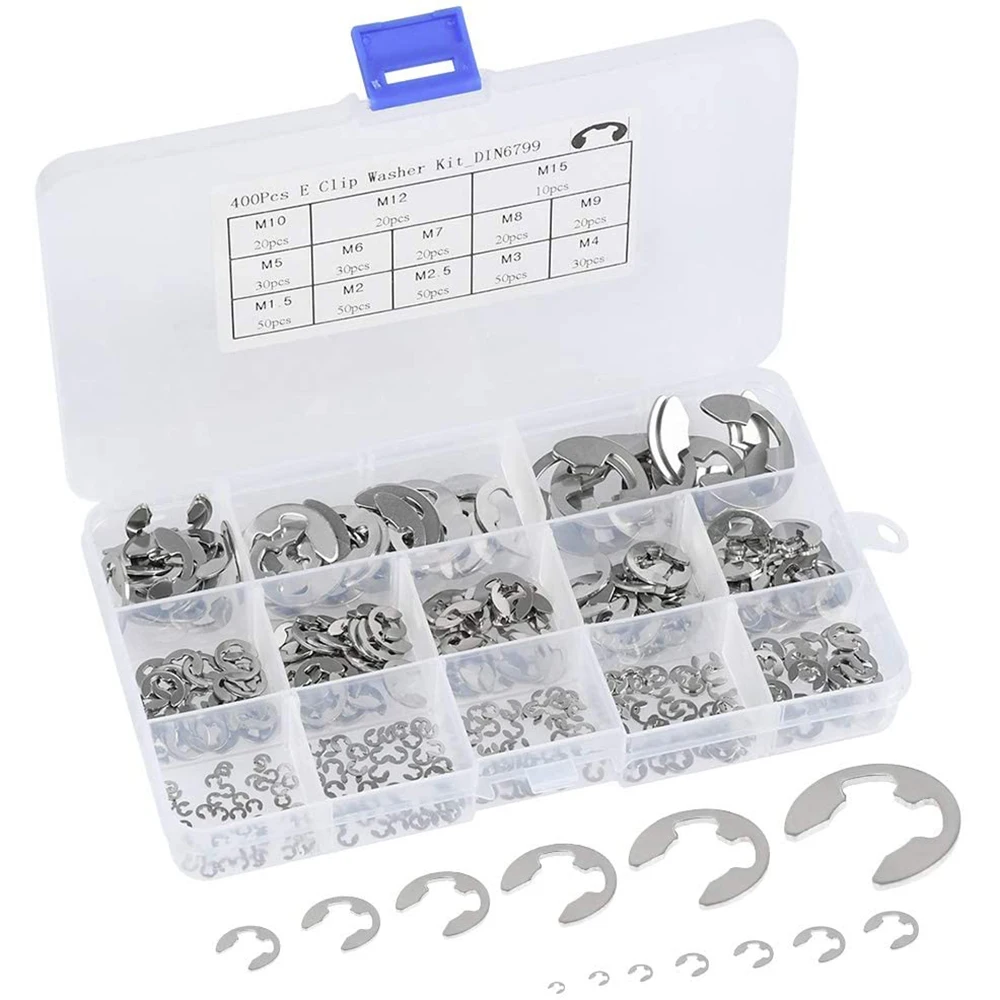 13 Size Assortment E Card Kits 1.2-15mm, 304 Stainless Steel, External Retaining Ring, E Circlip Snap Ring Washer