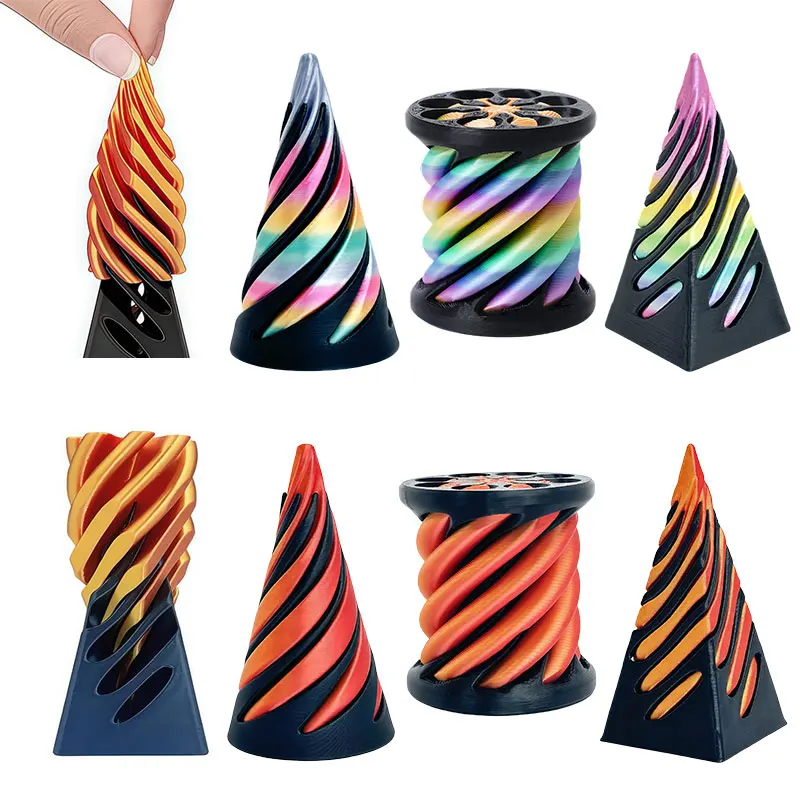 

3 Pieces 3D Print Spiral Cone Fidget Toy Impossible Pyramid Sculpture Mini Vortex Thread Illusion Office Desk Funny Decoration