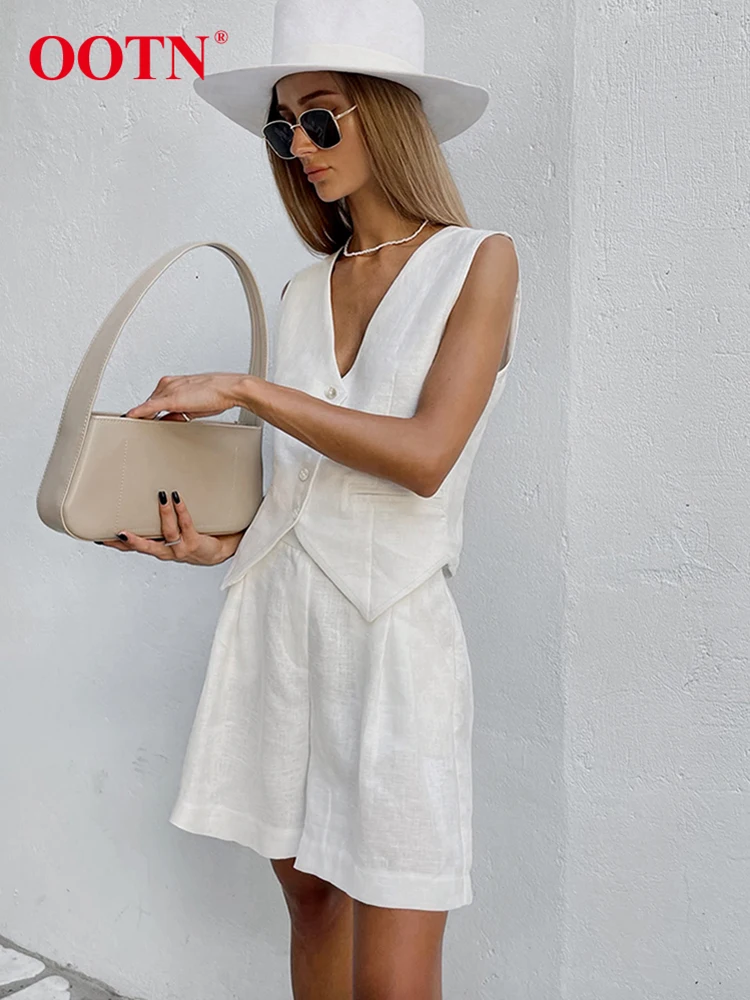 OOTN Spring Office Shorts Suits Elegant Cotton V-Neck Sleeveless Tank Tops High Waist Shorts Two Piece Sets Outfits Women 2024