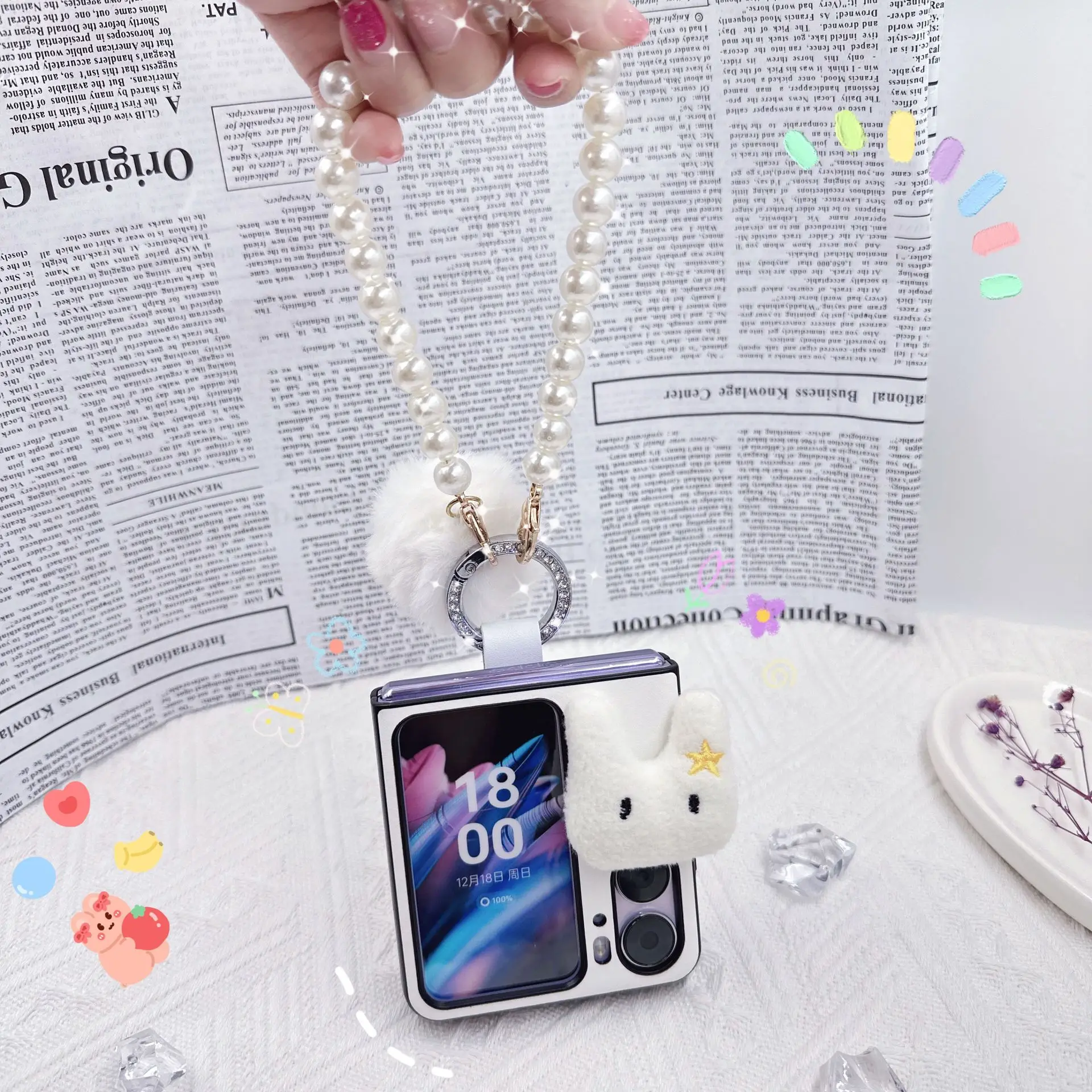 Case For OPPO Find N2 Flip DIY Plush Rabbit White Fur Ball Pearl Bracelet Ring Clasp Shockproof Hard Mobile Phone Case Cover