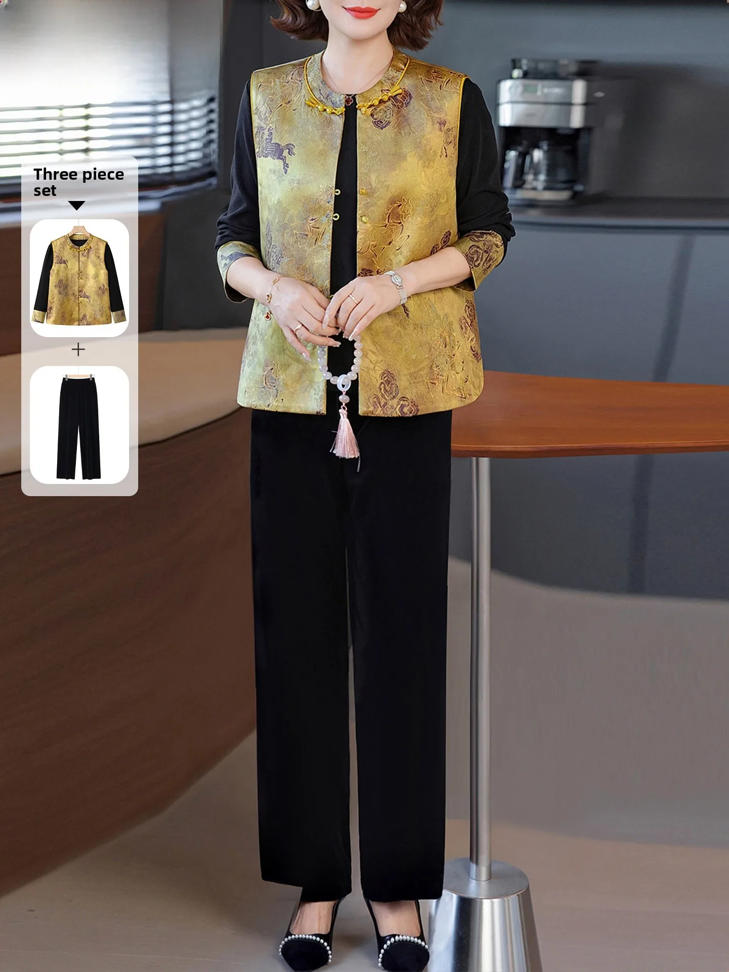 

Faionable Velvet Set for Older Women Spring Autumn Winter Loose Fit Long Pants Tee Piece Suit round Ne Single Button