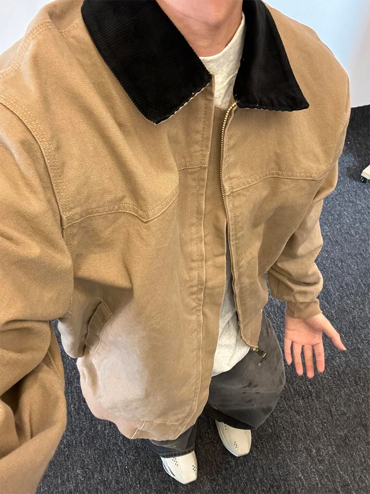 

Waed американская винтажная рабочая одежда Jaet, мужская свободная одежда цвета хаки, застежка-молния, весна-осень, модный брендовый отложной воротник