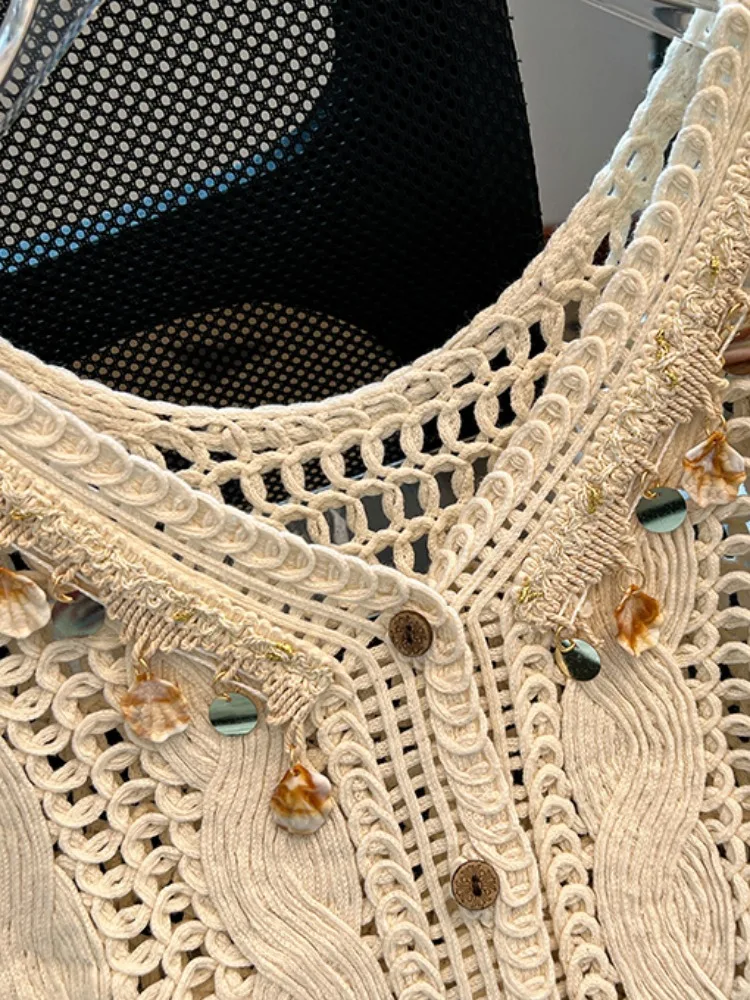 التصميم الأصلي الدانتيل تقليم ell V-Ne الجوف محبوك ort Svel سترة المرأة الصيف ملابس خارجية فضفاضة تناسب زر الديكور