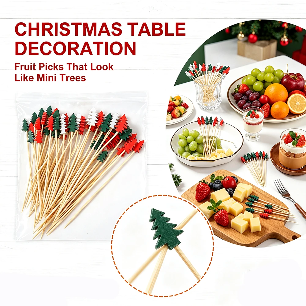 100PCS Disposable Christmas Tree Cocktail Picks, Colorful Decorative Bamboo Sticks, Holiday Food Garnish for Xmas Gathering, Fruit, Desserts, Drink Decoration - view 4
