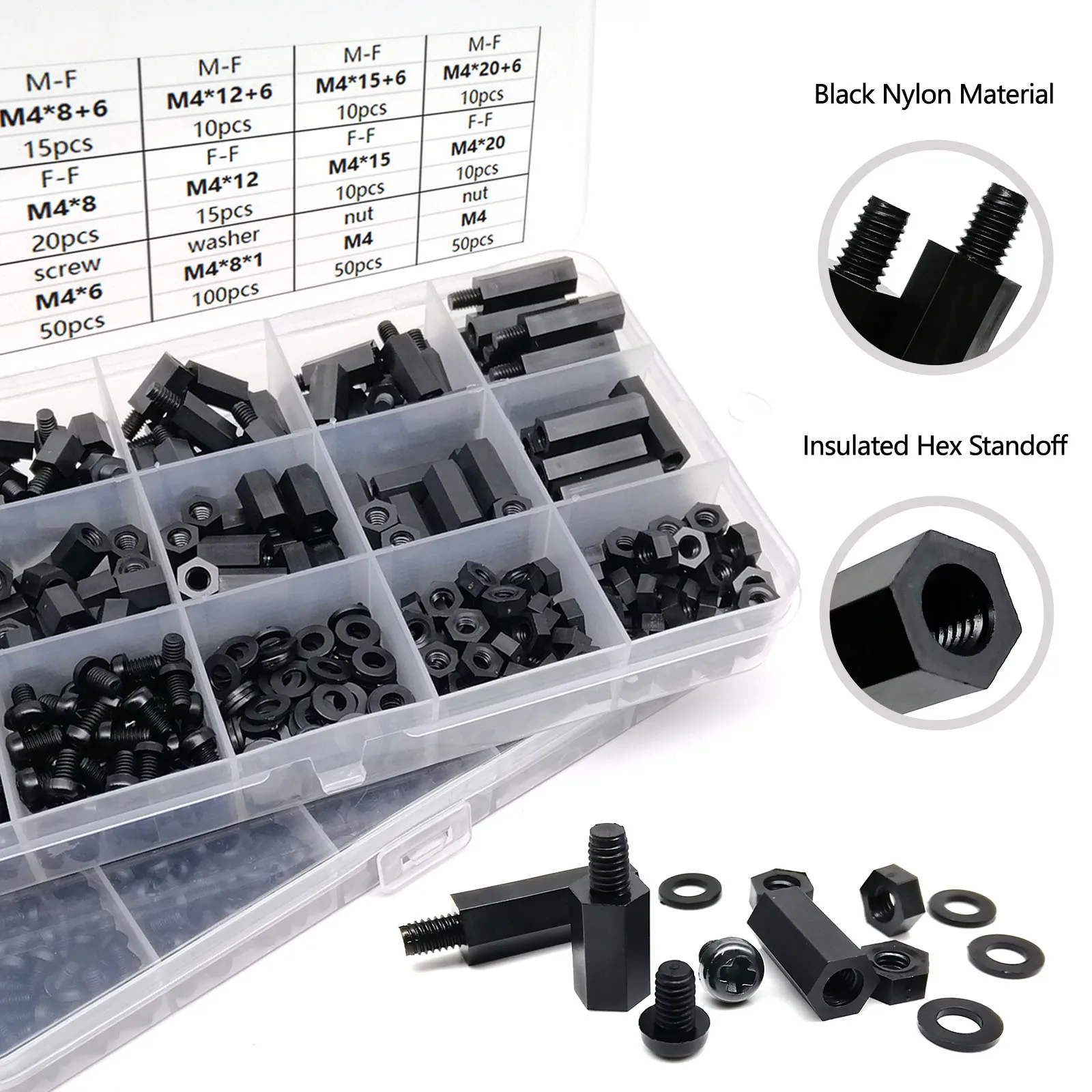 445/1300pcs M2 M2.5 M3 M4 Black Plastic Nylon Insulated Hex Standoff Hexagon Pillar Spacer Column Screw Nut Assortment Kit Set