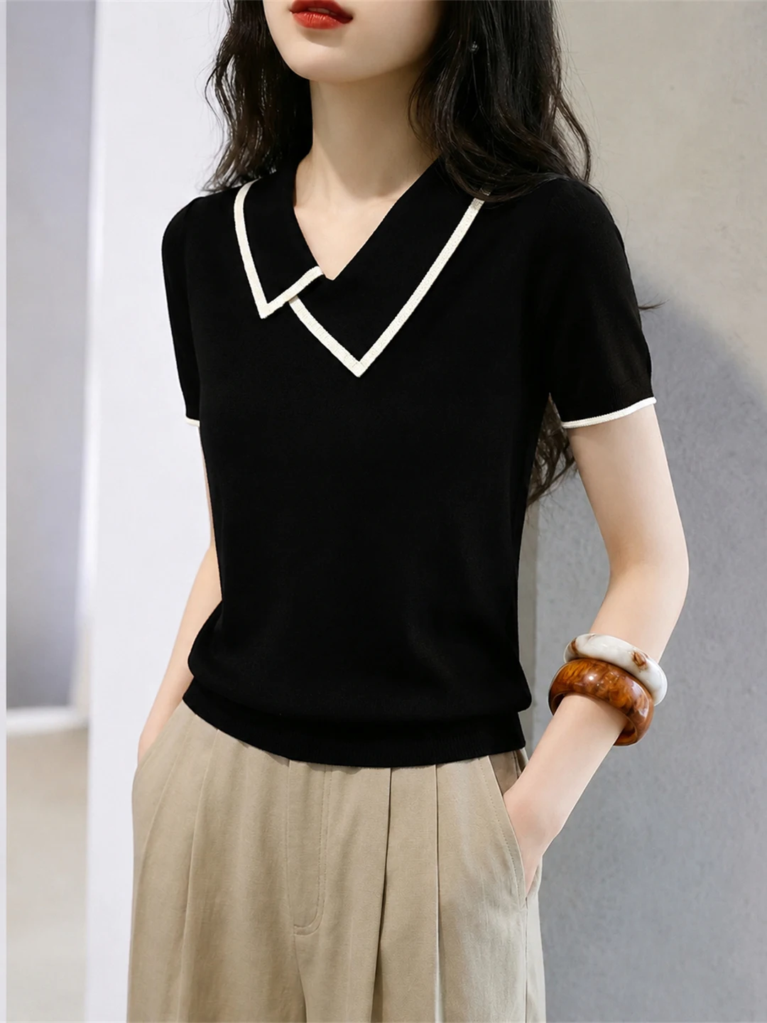 

Korean Style Ice Silk Knitted Top Pure Color Turn-down Collar Sweater Summer Fashionable Casual Women's Clothing