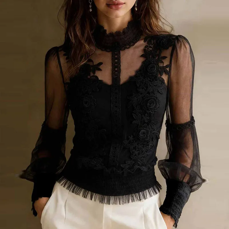Spring Elegant Lace Mesh Hollow Sexy Blouses Women High Neck Embroidered Sheer Shirt Summer Vintage Smocked Waist Ruffle Hem Top