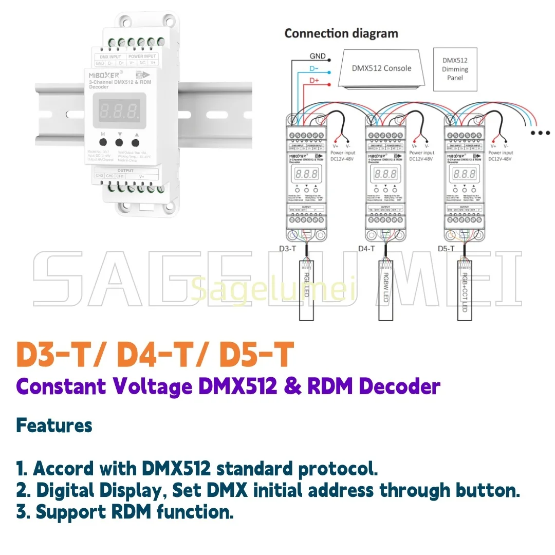 DMX512 & RDM Decoder Dimming Panel With LCD screen DC12-48V Din Rail 3/4/5-Channel for D3-T RGB/D4-T RGBW/D5-T RGB+CCT LED Strip