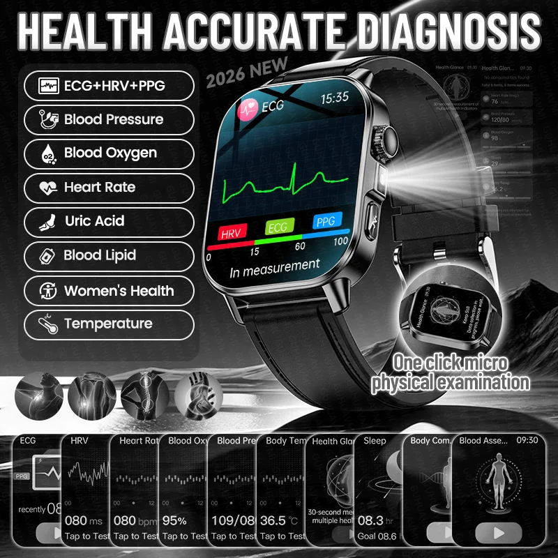 

New ECG Uric Acid Blood Lipids BP Blood Oxygen Temp AI Doctor Accurate Health Diagnosis Smart Watch Men BT Call Women Smartwatch
