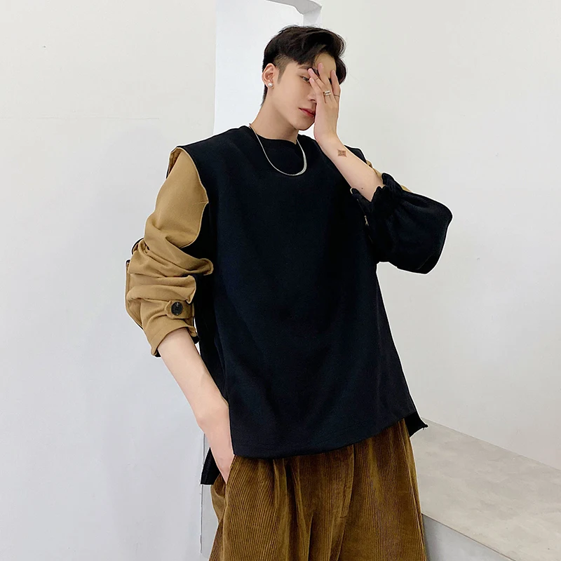 LUZHEN Design 2026 Spring Color Contrast Fake Two Piece Loose T-shirt Men's Fashion Handsome Loose Long Sleeve Sweatshirt JY8444
