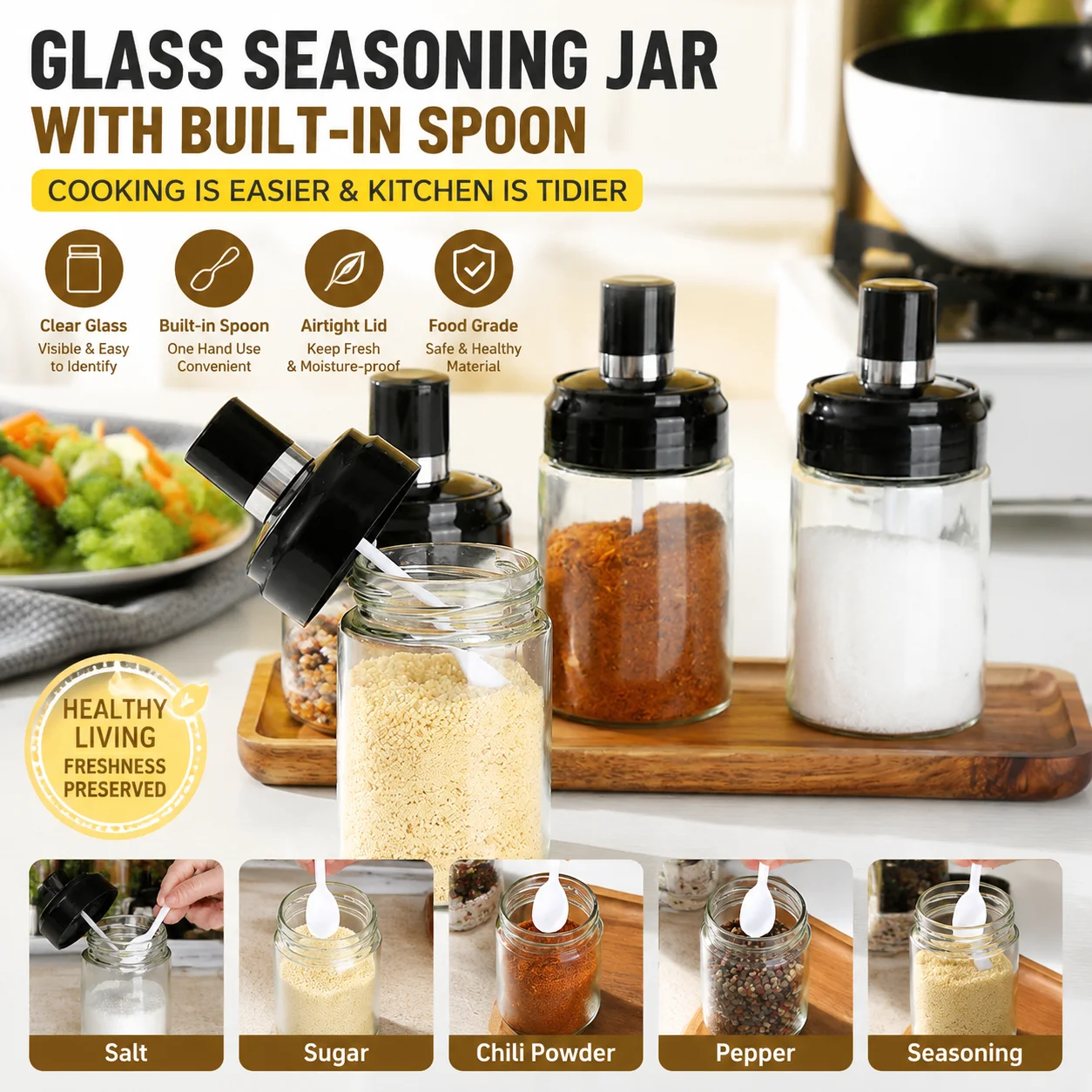 Glass Seasoning Jar with Built-in Spoon Airtight Spice Container Salt Pepper Shaker Kitchen Storage Organizer for Home Cooking