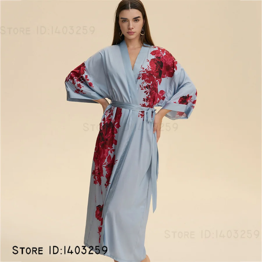 Print Floral Bride Wedding Long Robe Dress Negligee Elegant Silk Satin Kimono Gown Bathrobe Big Size Loose Homewear Nightgown