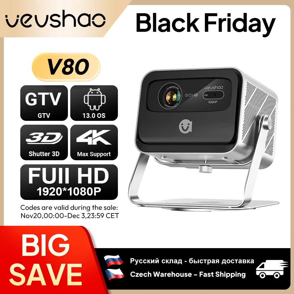 VEVSHAO V80 4K Projector Full HD1080P 2200 Anis Lumens Android 11.0 WiFi 6 Video Home Movie Theater Projectors with Base Stand