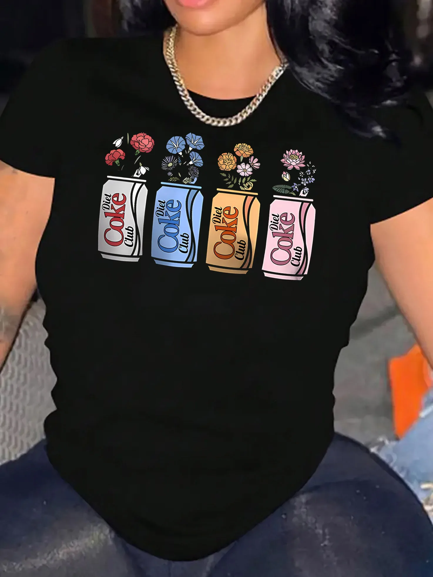 Black Women's Floral Soda Can Print Casual T-Shirt Round Neck Short Sleeve Harajuku Short Sleeve Casual Aesthetic Clothes
