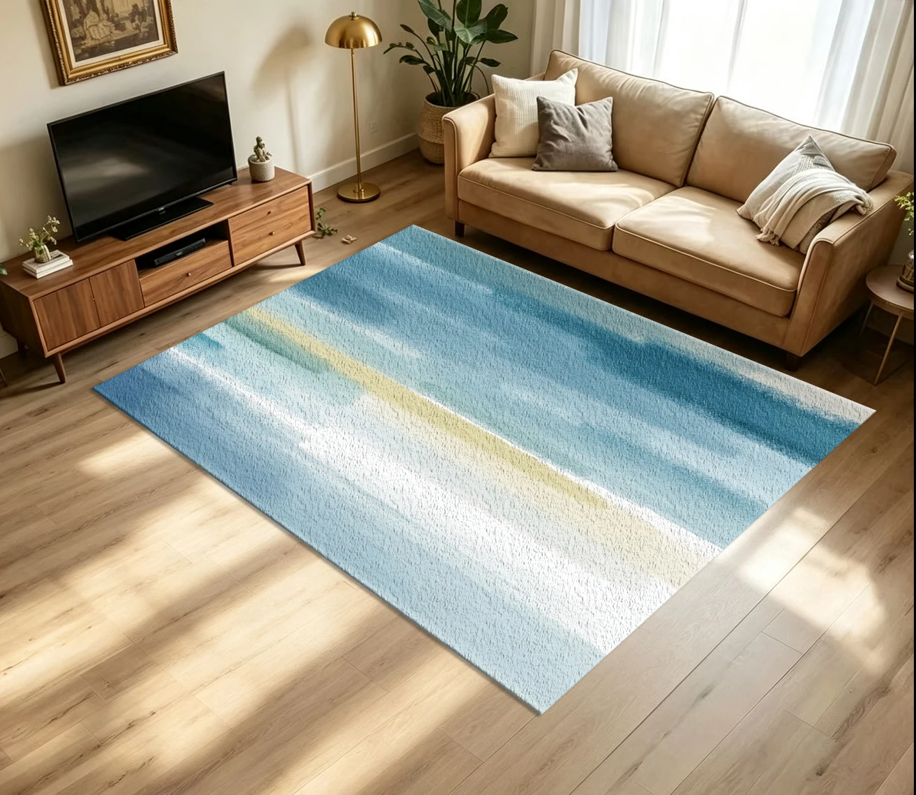 Soft Blue Teal Brush Stroke Carpet Flooring Abstract Watercolor Gradient Horizontal Paint Texture Printed Floor Rug for Household Indoor Home Minimalist Decor