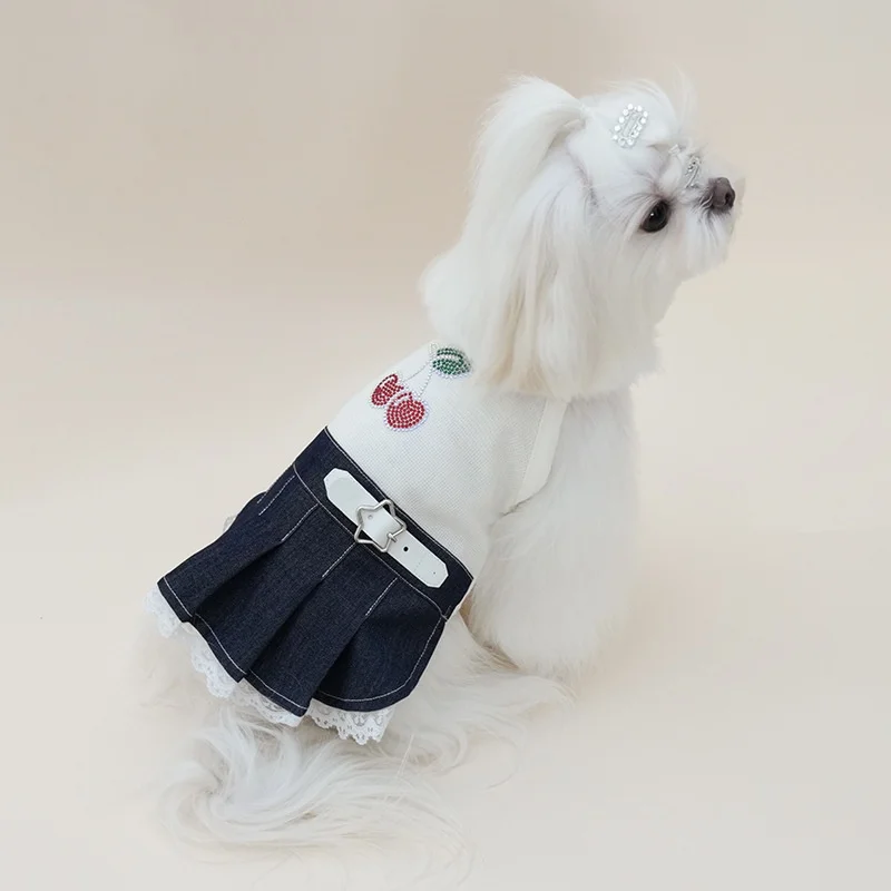 Pet Dog Denim Pleated Dress Cute Cherry Rhinestone Puppy Skirt with Lace Small Dog Girl Clothes for Maltese Yorkie Shih Tzu
