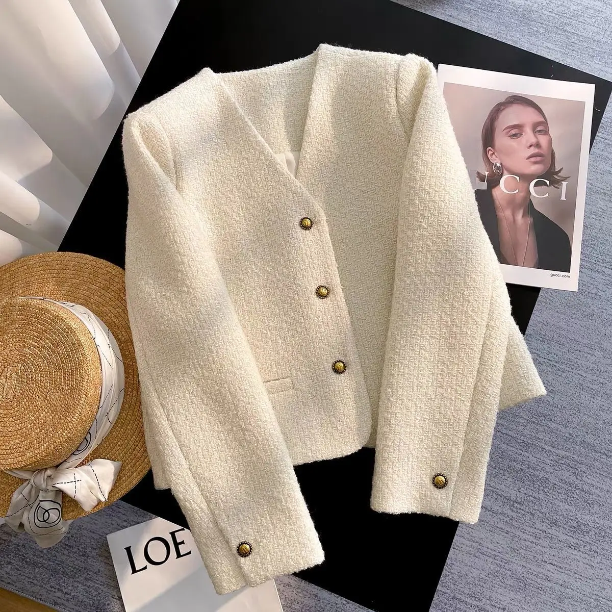 

Spring Fall Long Sleeve Tweed Jacket Small Fragrant Women Elegant Cropped Coat Women Casual V-neck Single Breasted Outerwears