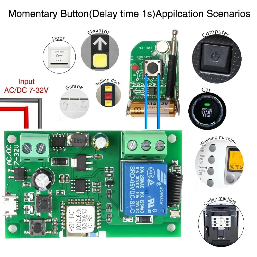 1CH RF Smart Switch 7-32V AC DC WIFI Ewelink telecomando apriporta per Garage interruttore 10A relè autobloccante inching