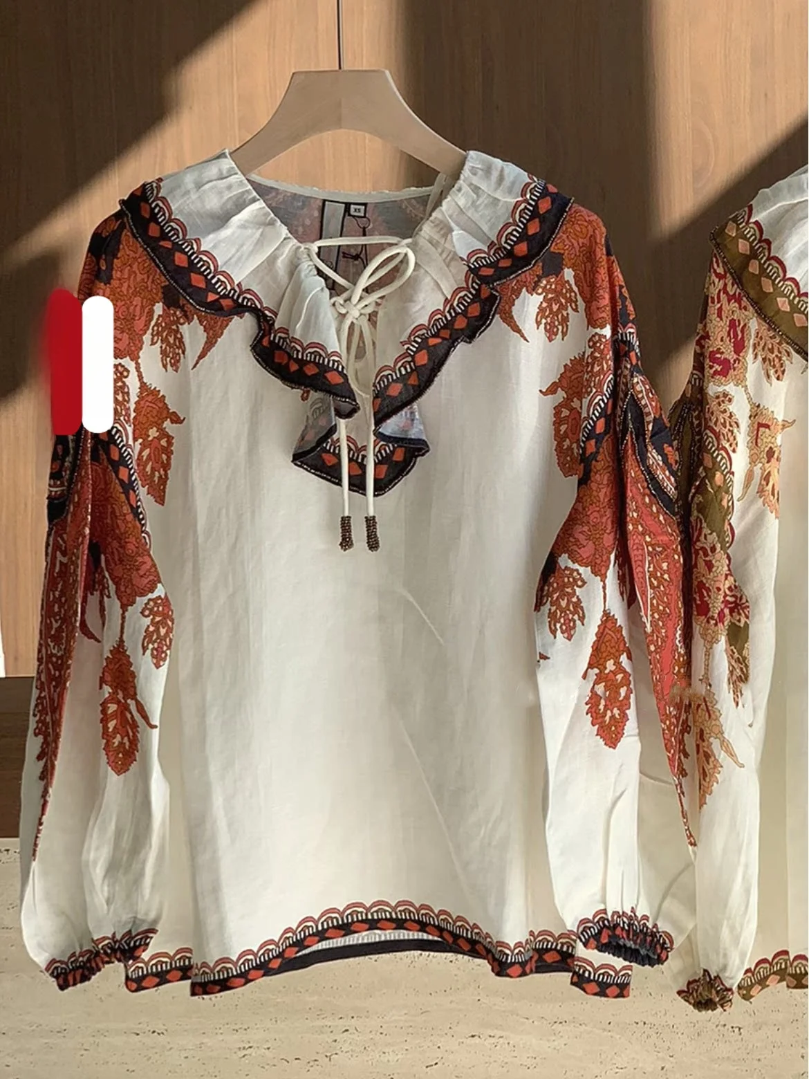 

Loose Long Sleeve Shirt HEIDD Ethnic Print Beaded Hem Lace Trim Spring 2026 Women's Casual Shirt V Neck Button Closure