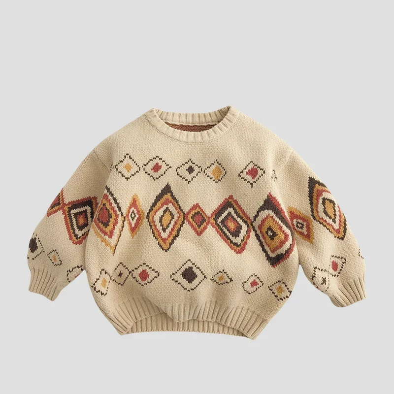 

Kids Graffiti Diamond Color Block Sweater Cotton Autumn Winter Korean Retro Unisex Loose Knit Sweater for Children