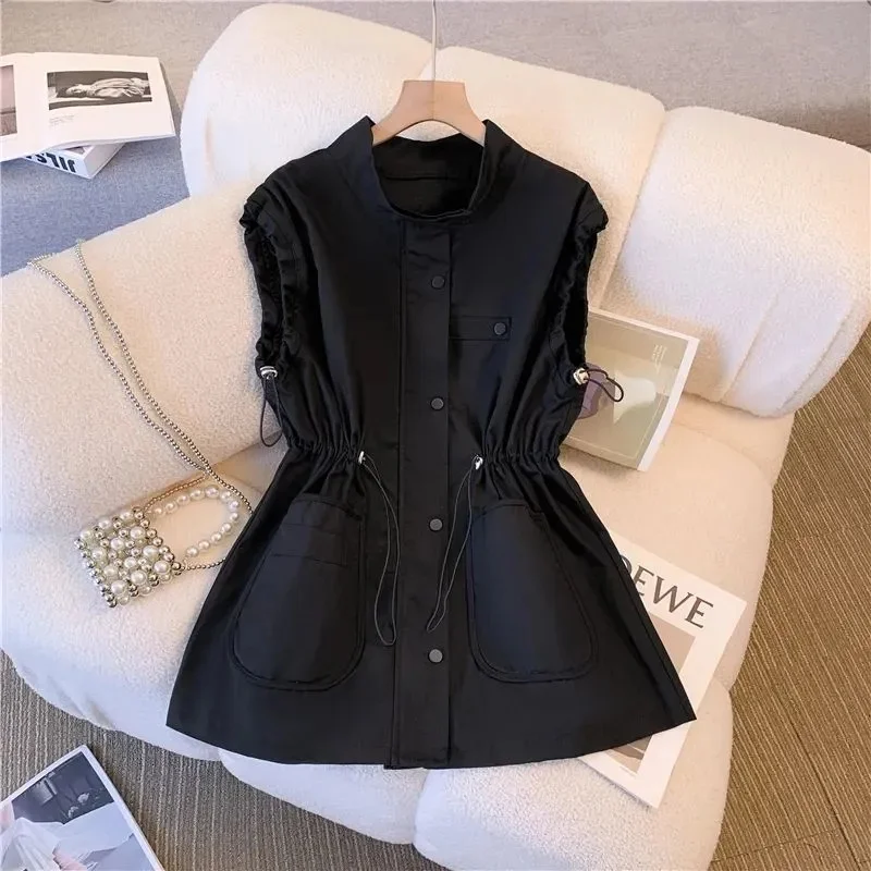 2025Spring Autumn Vest Jacket Women Design Sense Korean Casual Waistcoat Loose Stitching Long Tooling Female Sleeveless Coat Top