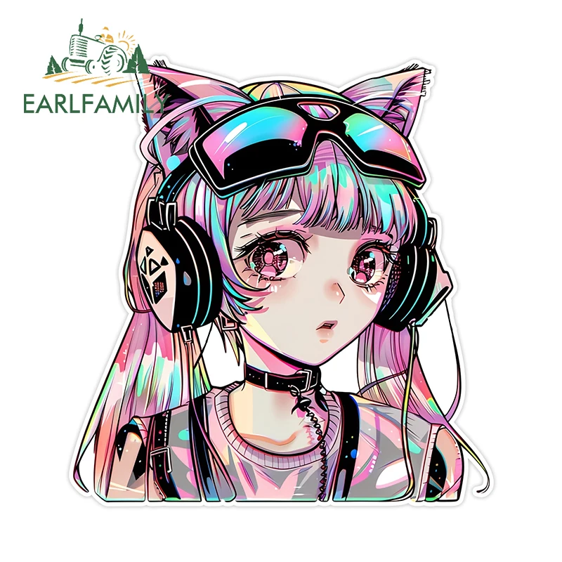 Earlfamily 13cm x 12.3cm bonito gamer gato menina adesivo de carro anime peek bagagem fone de ouvido decalque néon portátil ferramentas automáticas decoração