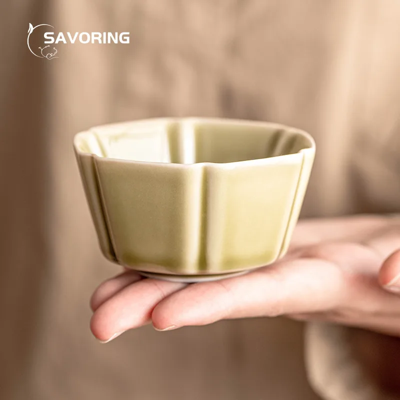 

Yaozhou Kiln Celadon Tea Cup Ceramic Hexagonal Cup Teacup Chinese Porcelain Cups Gift Jingdezhen Unique Cute Drinkware Tool Pair