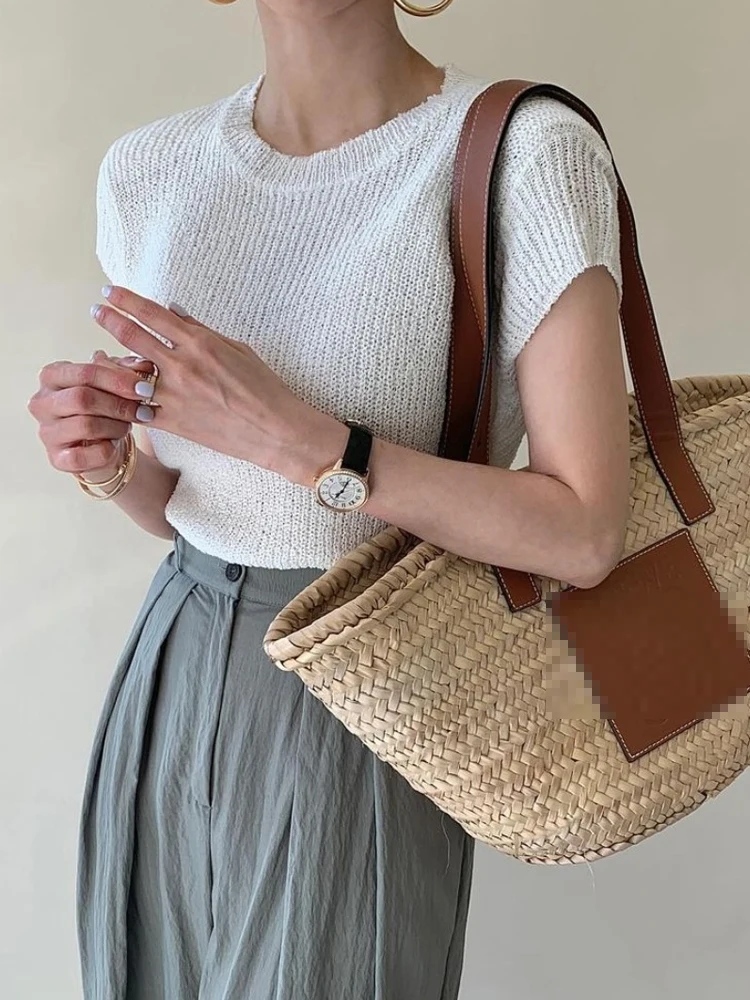 

Slimming Effect Knitted ort Sve Women's Top Thin round Ne Base irt Versatile Design Korean Sle Commute Faion