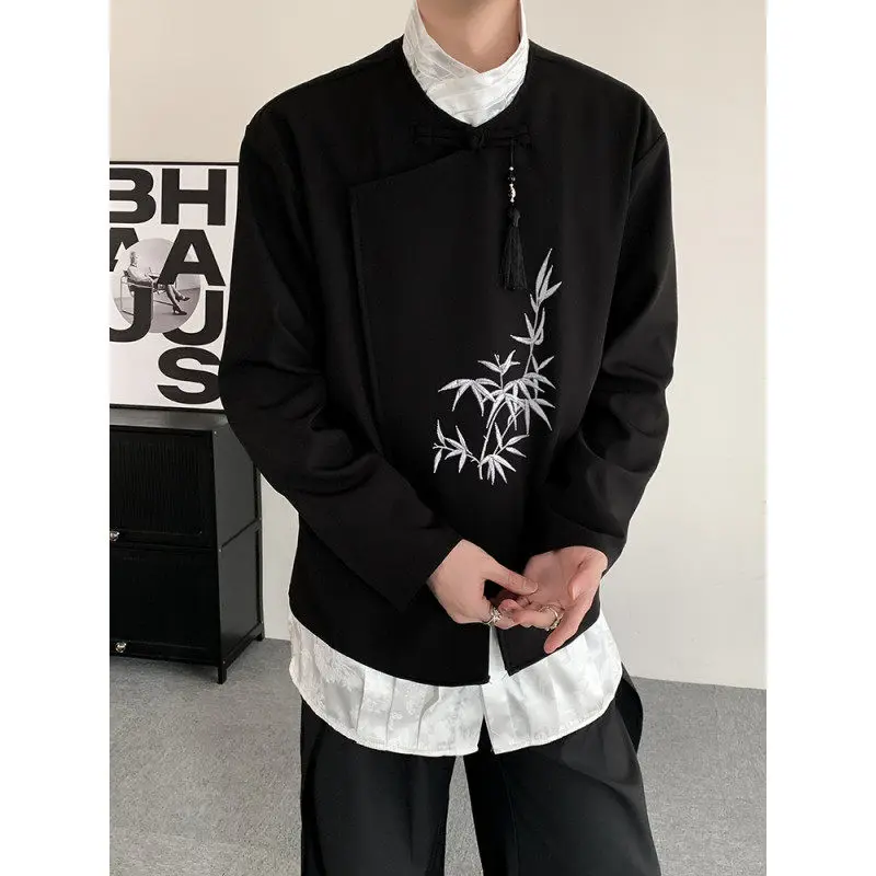 

Loose Long Sve Men's irt Bamboo Embroidery Spring Faion Brand Casual Stand Fit Polyester Fiber Large Size