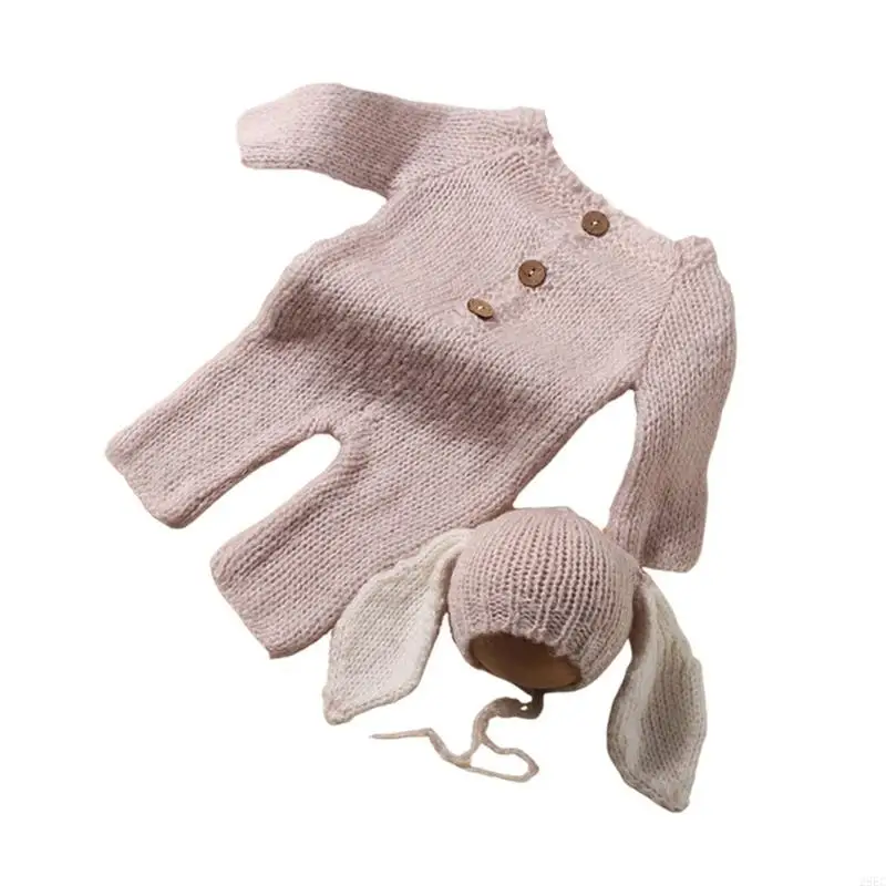 28EC Two Pieces Set Newborn Knitted Jumpsuit Mohair Big Ear Hat Bodysuit Photography Clothes Baby Photo Props Accessories