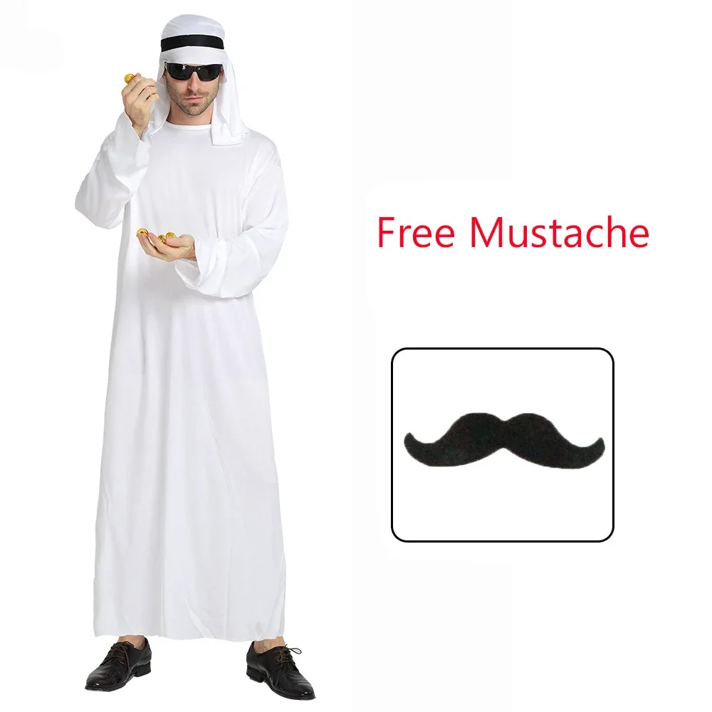New Adult Men Arabian Arab Sheikh Costume Middle East Clothes Sultan White Robe Red Headband Purim Halloween Fancy Dress