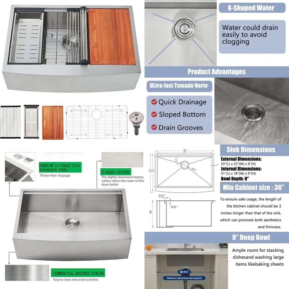 

33 Inch Wide Apron Front Stainless Steel Undermount Farmhouse Kitchen Sink, 33x22 Inch, 16 Gauge Ledge Workstation Design
