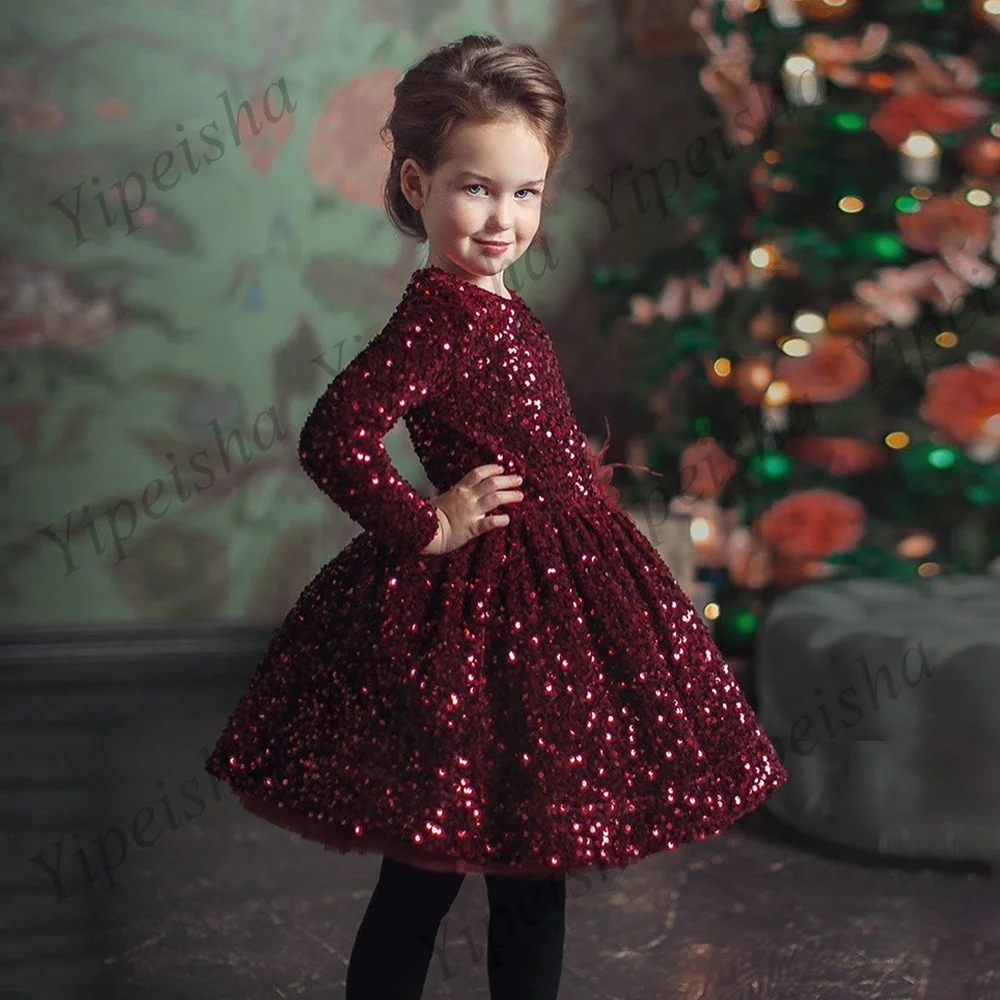 

Burgundy Sequin Flower Girl Dress Birthday Party Round Neck Long Sleeves Little Pageant Gown Puff First Communion Dresses