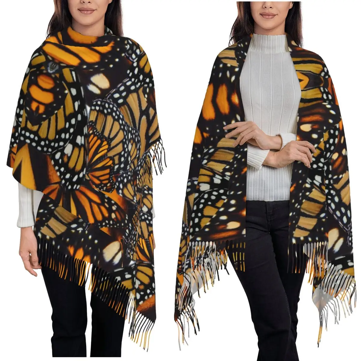 Butterfly Orange Pattern Scarf Tassel Scarves for Women Soft Warm Shawls and Wraps Long Fall Winter Shawl Wrap