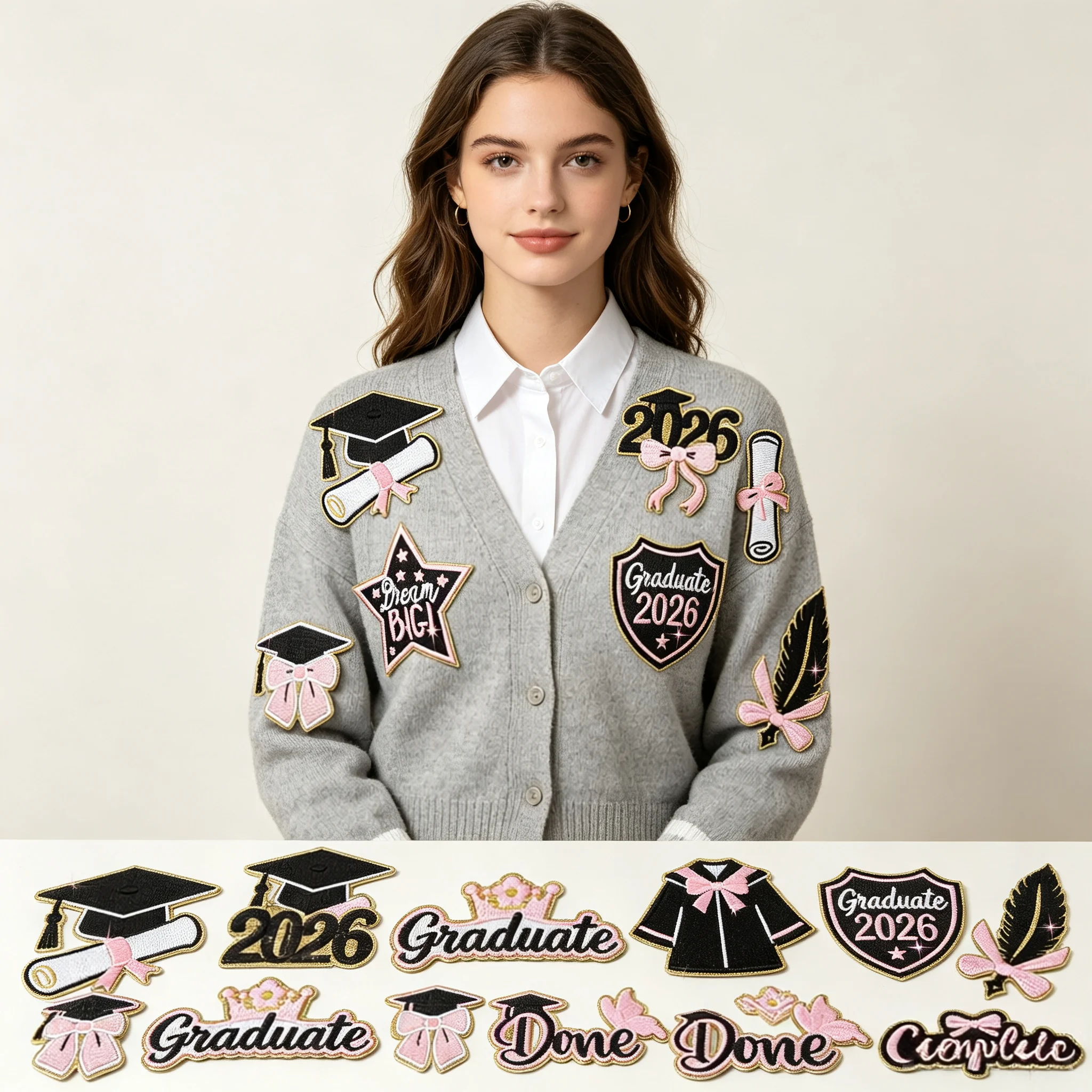 10Pcs Graduation Theme Embroidery Iron-on Applique Set,Pink Gold Graduate Badge Patches for Jacket Hat Bag Craft Decor