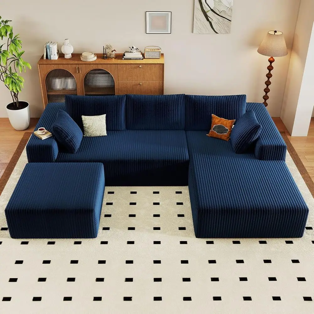 

U-Shaped Cloud Sectional Sofa with Corduroy Chaise and Ottoman, Deep Seated Blue Couch, Ready to Use in Living Room