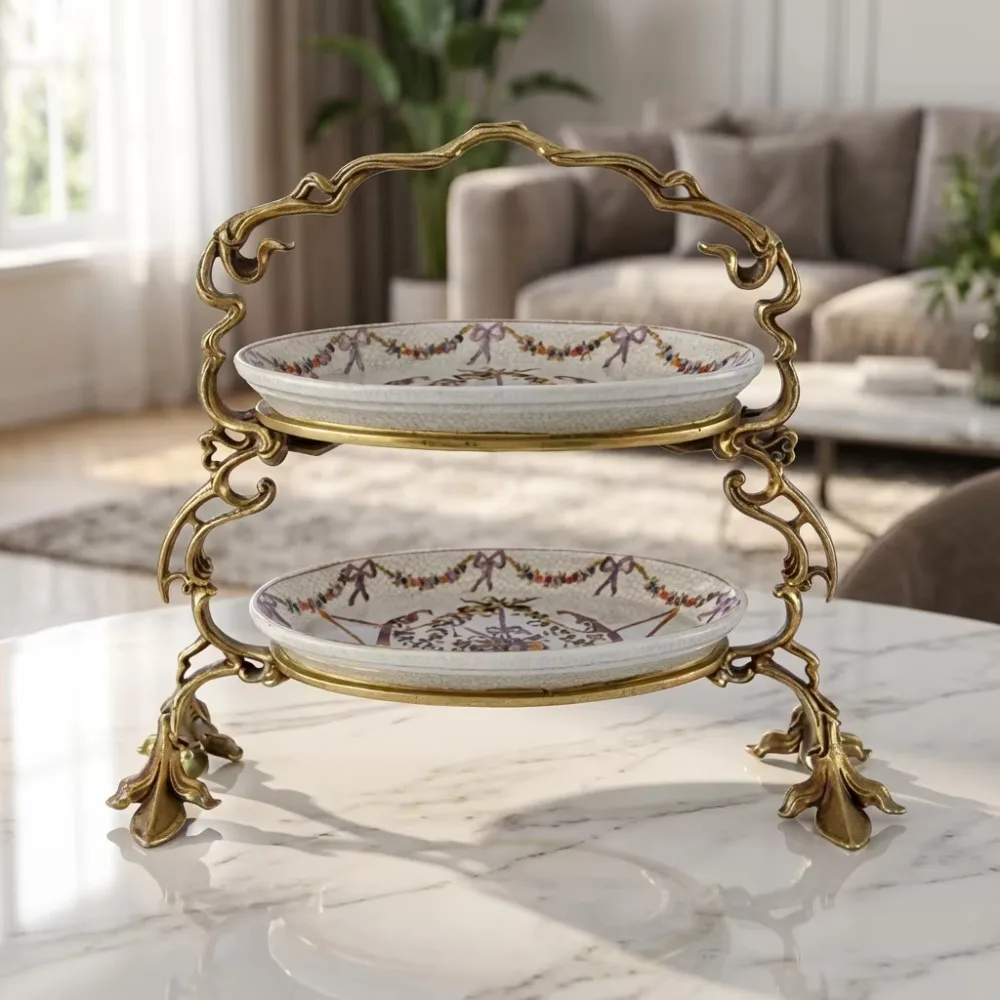 Classic style copper fruit tray with ceramic decoration, eco-friendly living room ceramic candy tray, brass accessories