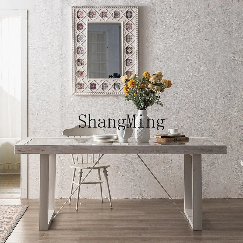 SM Home Retro Carved Coffee Table Wrought Iron Solid Wood Corner Table Furniture Parquet Glass Countertop
