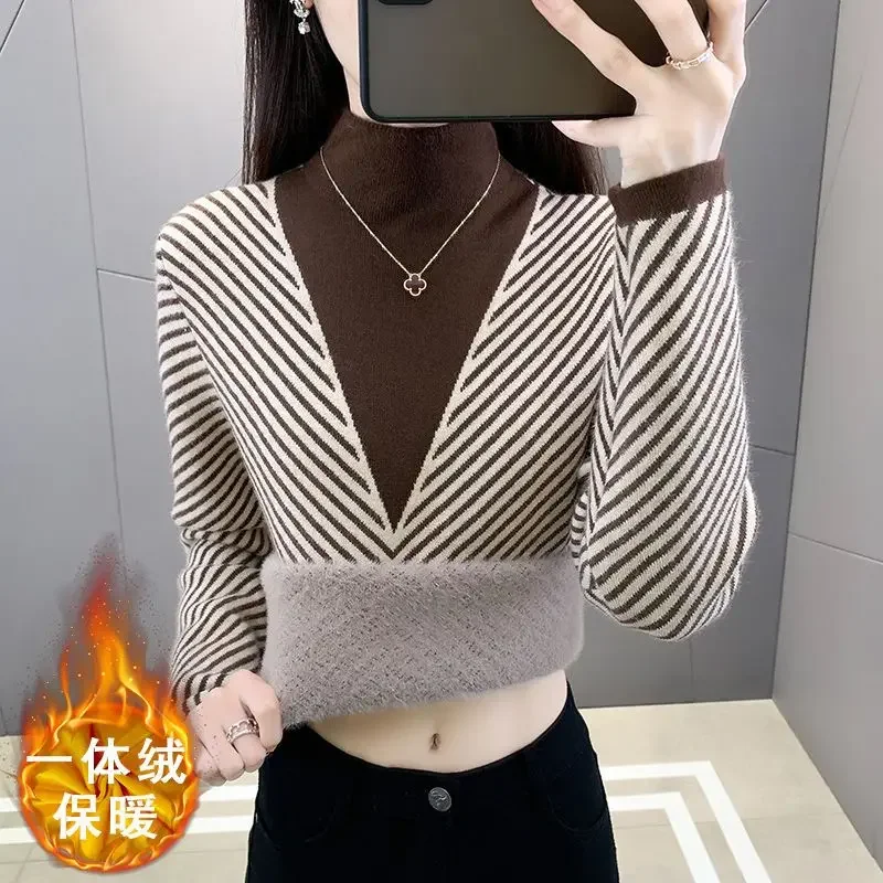 

Autumn Winter Plush Thickening Pullovers Women's Fashion Commute Fake Two Pieces Sweaters Slim Warm Knitted Jumper
