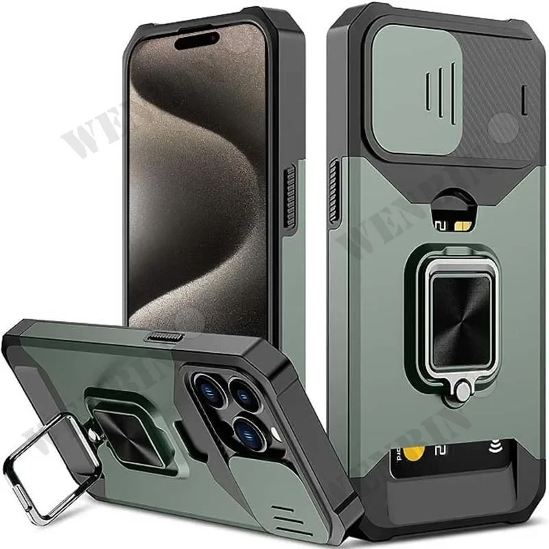 

Case For iPhone 15 14 13 12 11 Pro Max Plus 8 7 Plus XR X SE 2022 Card Holder Slot Military Wallet Slide Camera Grade Case