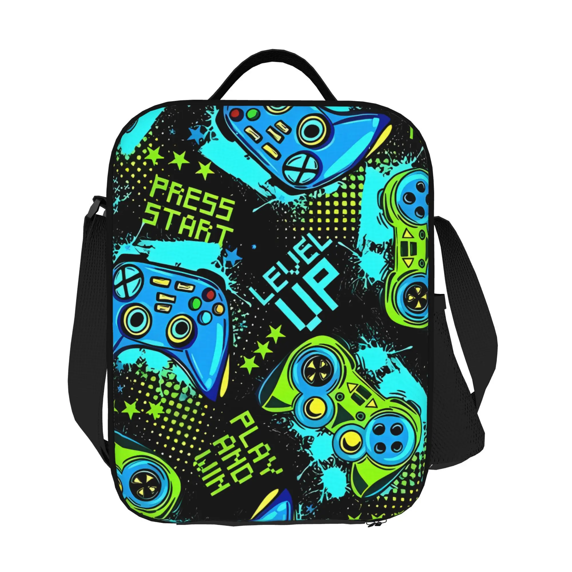 Gaming Backpack - Retro Video Game Controller design with Neon Green Blue Accents, Non-Food Contact Bag