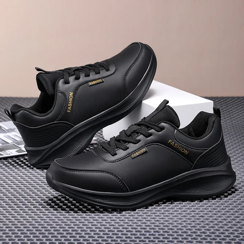 

Classic Black Sneakers Men's Leather Casual Shoes Comfort Lightweight Running Shoes For Men Lace-Up Platform Casual Sneakers Man