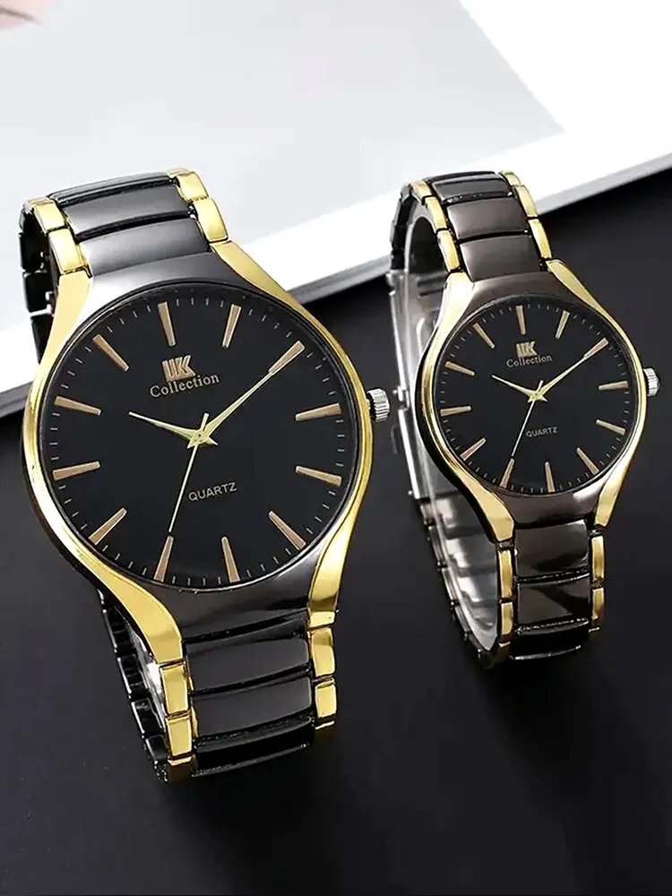 2pcs Fashionable, Minimalist, and Versatile Circular MEN\'S AND WOMEN\'S Couple Watch Steel Strap Quartz Wristwatch