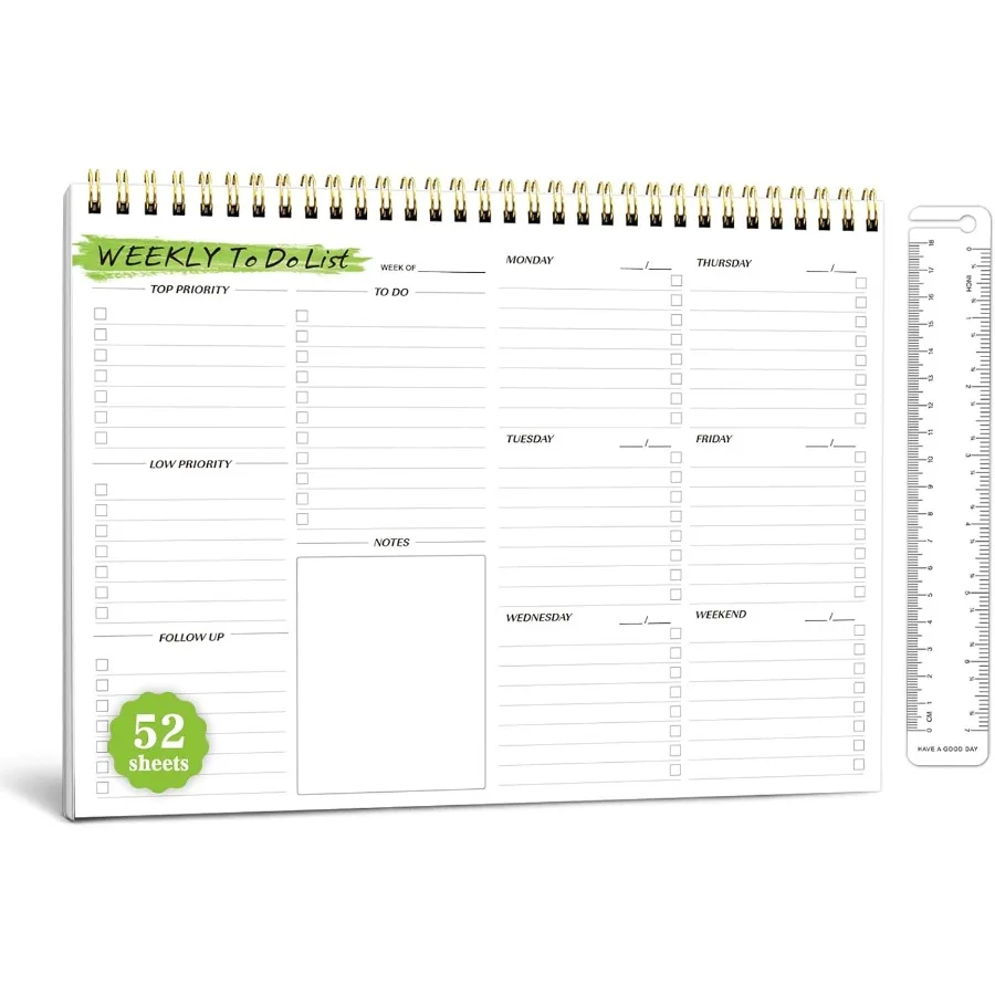 

Weekly To Do List Notepad 52 Undated Sheets Weekly Planner 8.5"×11" Spiral Desk Checklist Notebook with Ruler Storage Pot Perfe
