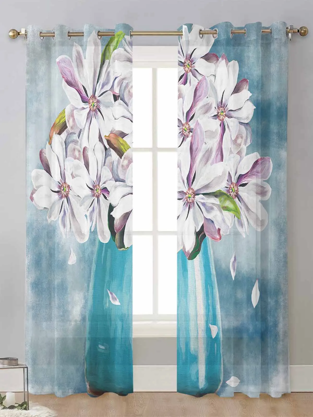 Oil Painting Texture Magnolia Flower Vase Sheer Curtains For Living Room Window Voile Tulle Curtain Cortinas Drapes Home Decor