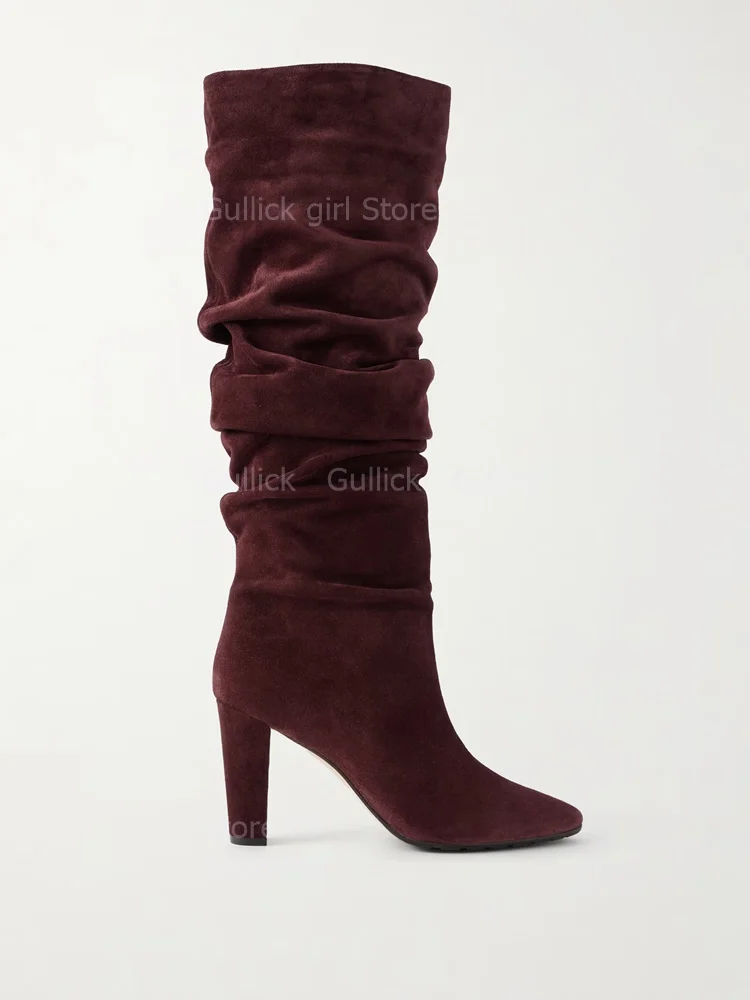 Pleated Suede Knee Boots Slouch Through The Leg Block High Heel Round Toe Burgundy Black Fashion Women Winter 2026 Dress Shoes