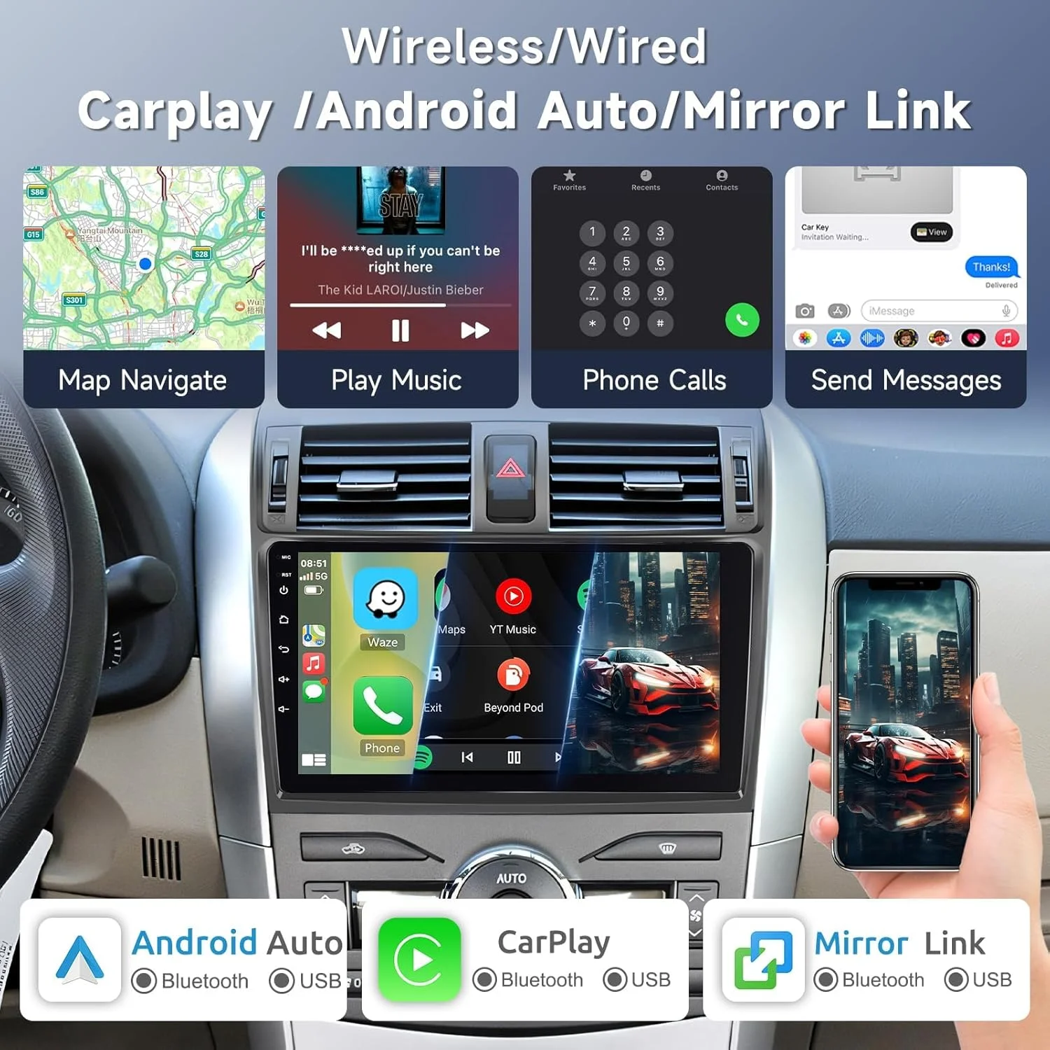أندرويد 15 Carplay Auto Qualcomm 2K QLED شاشة مشغل راديو السيارة لشركة هيونداي i10 2019-2020 نظام تحديد المواقع ستيريو BT واي فاي 4G الملاحة DSP
